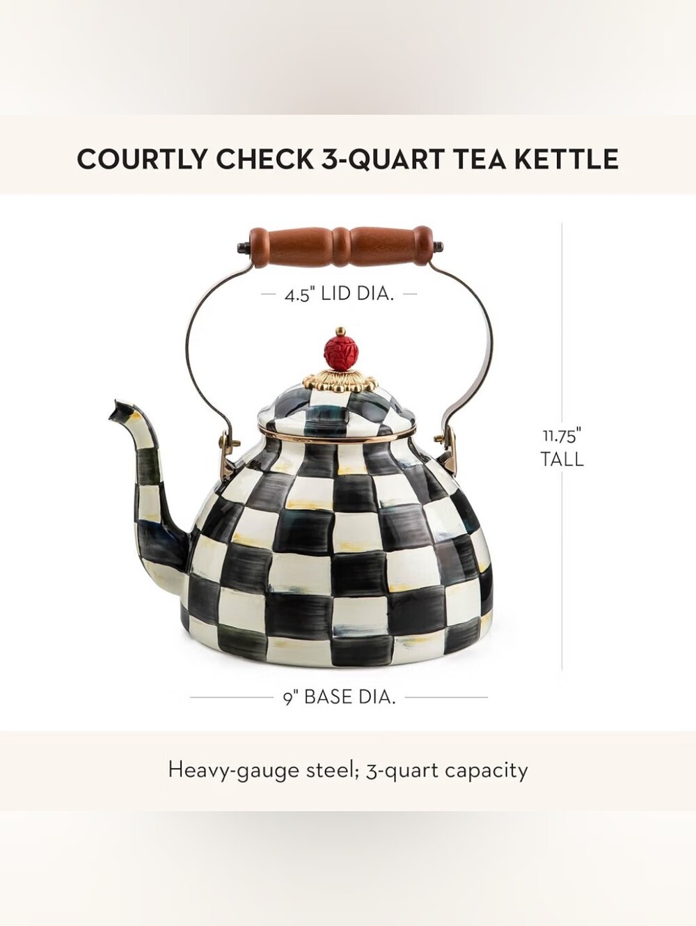 MACKENZIE-CHILDS Tea Kettle, 3 Quarts, Black-and-White Courtly CheckHand-paint - Picture 4 of 6